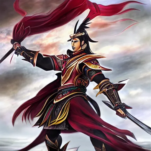 Image similar to lu bu from dynasty warriors, artstation hall of fame gallery, editors choice, #1 digital painting of all time, most beautiful image ever created, emotionally evocative, greatest art ever made, lifetime achievement magnum opus masterpiece, the most amazing breathtaking image with the deepest message ever painted, a thing of beauty beyond imagination or words