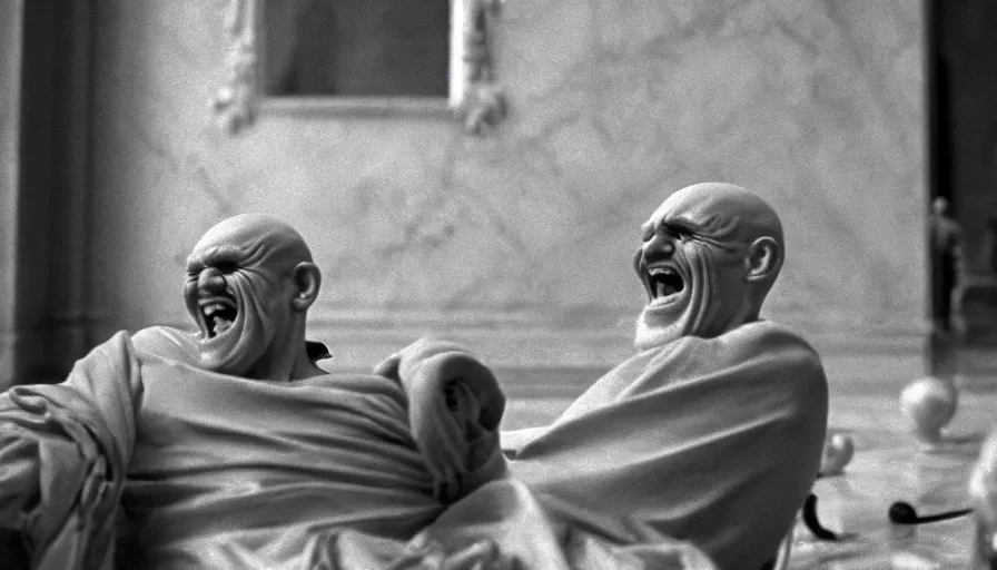 Prompt: 1 9 6 0 s movie still close - up of chrysippus of solis hysterically laughing on the floor broken jaw in a neoclassical marble room, cinestill 8 0 0 t 3 5 mm b & w, high quality, heavy grain, high detail, dramatic light, anamorphic, detailed beard, by josef sudek