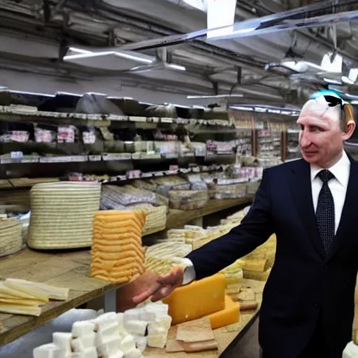 Prompt: vladimir putin visiting a cheese market