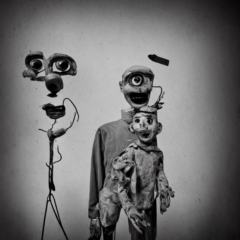 Image similar to creepy ventriloquist dummy in the style of roger ballen, 4 k, bw, portrait