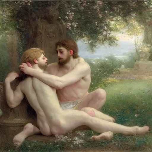 Image similar to Springtime, by Pierre-Auguste Cot, depicting two adult male lovers