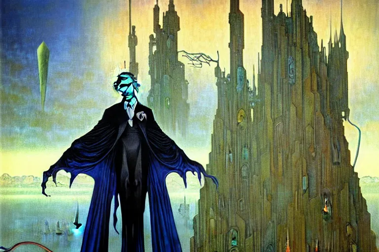 Image similar to realistic extremely detailed portrait painting of an elegantly creepy vampire man in a cape, futuristic sci-fi fortress on background by Jean Delville, Amano, Yves Tanguy, Alphonse Mucha, Ernst Haeckel, Edward Robert Hughes, Roger Dean, rich moody colours, blue eyes