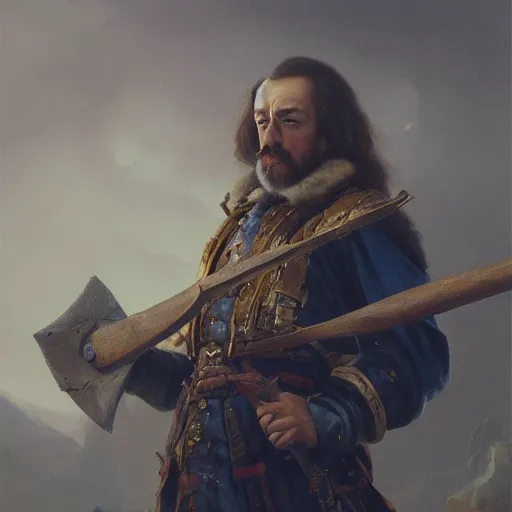 Prompt: Peter the Great holding big narrow axe, sharp focus, fantasy style, octane render, volumetric lighting, 8k high definition, by greg rutkowski, highly detailed, trending on art Station, oil painting