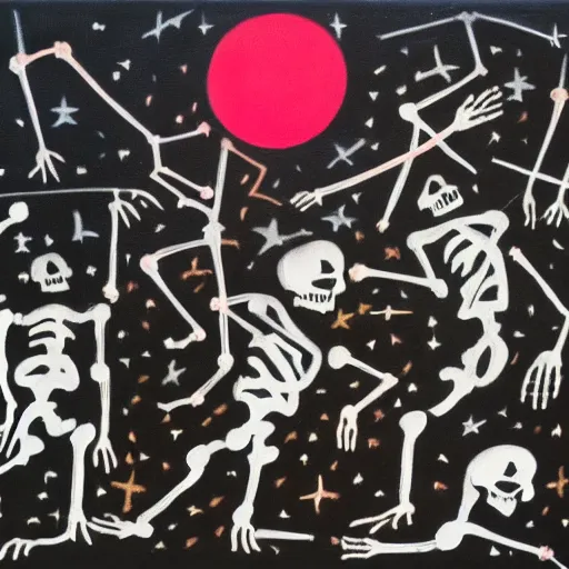 Image similar to an acryllic painting of skeleton dancing in the night under the stars, various strange guests, on a dark background, muted palette mostly white, black, gray, dark red, dark blue, some pink, minimalistic, in the styles of joan miro, banksy, and mark rothko