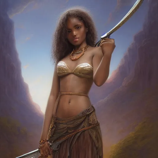 Image similar to artstation concept of a beautiful girl holding a sword in both hands, brown skin, sweaty skin, symmetrical face, casual white garment, brown canyon background, shiny colorful, hyperdetailed, artstation trending, world renowned artists, worth1000.com, historic artworks society, antique renewel, cgsociety, by greg rutkowski, by Gustave Dore, Deviantart