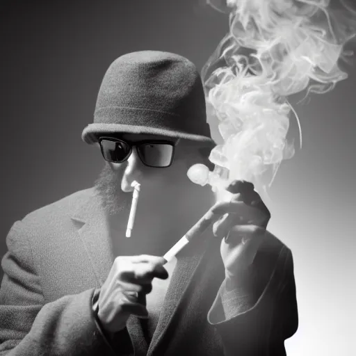 Prompt: An invisible man smoking a cigarette, you can see the smoke swirling in his invisible lungs.