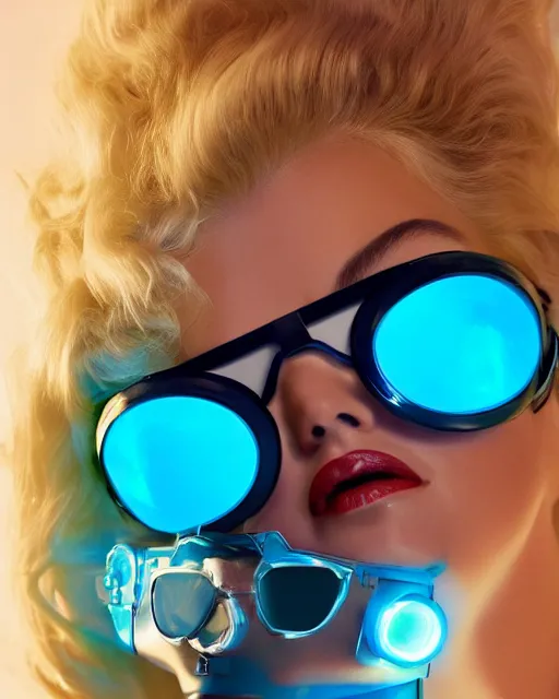 Prompt: centered portrait photo of flirtatious young anna nicole smith as a solarpunk mecha humanoid robotic parts wearing goggles with bright cyan lights, real human face, pudica pose by bouguereau, inside white room, ultra - realistic and detailed, soft portrait shot 8 k