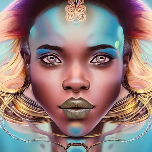 Image similar to black woman with gorgeous pastel balayage hairstyle face tattoos and gold teeth, as seen on artgerm, octane render, exploding nebulae in the style of alphonse mucha, ultra realistic, highly detailed, 8 k,