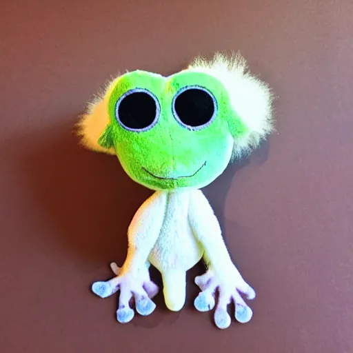 Image similar to cute fluffy plushie frog, cutecore, shaggy, stuffed animal photography,