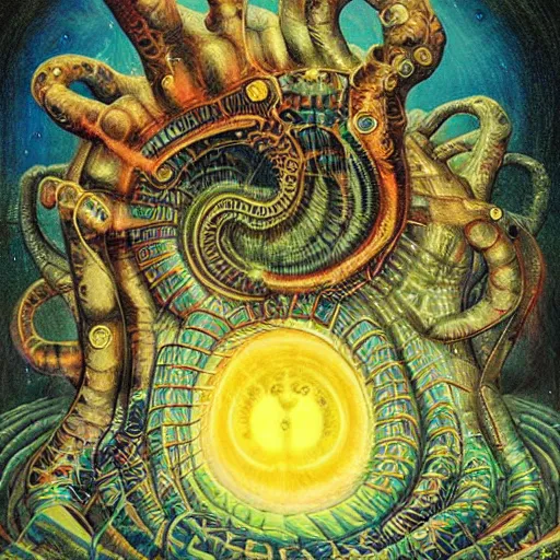 Image similar to lurid eldritch radiating town fractal shimmering phantasm, by h. r. giger and esao andrews and maria sibylla merian, pop art, synthwave, cubist