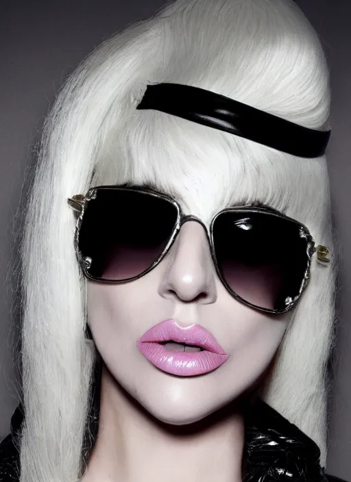 Prompt: lady gaga poker face the fame 2 0 0 8 2 0 0 9 photoshoot, wearing vintage versace sunglasses, long platinum blonde hair with bangs,, highly realistic. high resolution. highly detailed. dramatic. 8 k. 4 k.