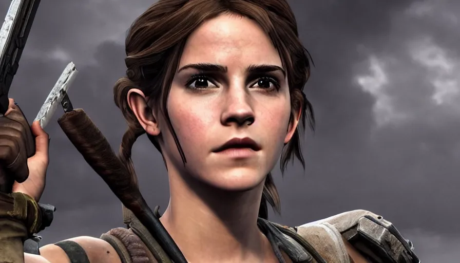 Prompt: emma watson as lara croft in the new videogame, 8 k screenshot closeup