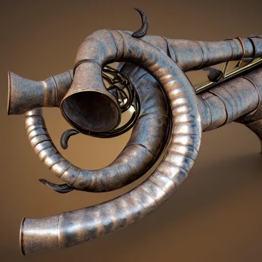 Image similar to a 3 d render of a medieval blowing horn, winding horn, animal horn, higly detailed, mystic, artwork