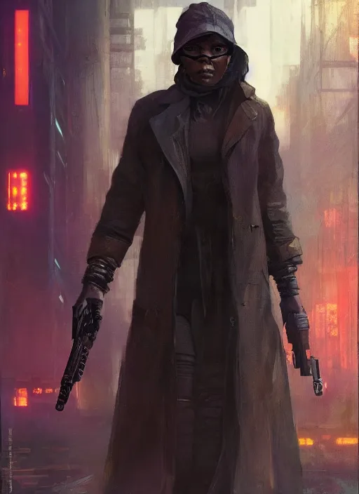 Prompt: Harriet Tubman. Cyberpunk assassin in tactical gear. blade runner 2049 concept painting. Epic painting by Craig Mullins and Alphonso Mucha. ArtstationHQ. painting with Vivid color. (rb6s, Cyberpunk 2077, matrix)