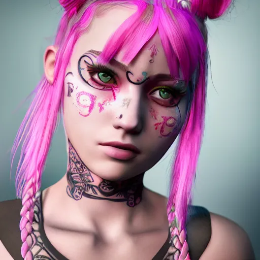 Image similar to An octane 3d render of a girl with pink pigtails, and face tattoos, 8d, HD, hyper detailed, intricate details, photorealistic, dynamic lighting, stunning visuals, creative, trending on art station,