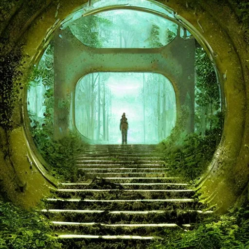 Image similar to stairs leading to a frozen derelict portal in a middle of a snowy lush futuristic forest, green lush world seen only through a portal, daylight, cinematic lighting, blue sky, syd mead, john harris