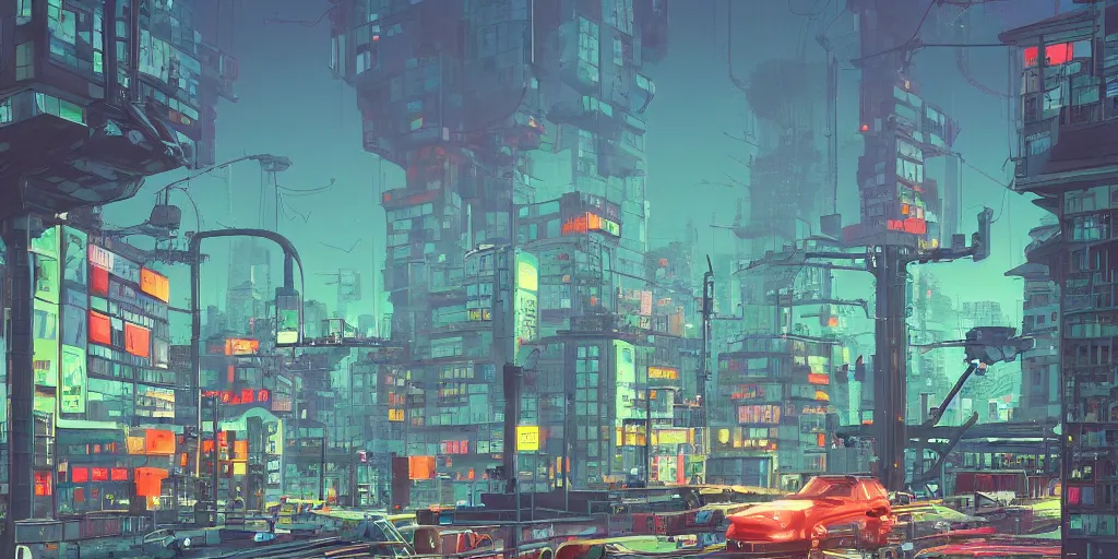 Prompt: city, building, cars, neon lights, dystopia, park tree, people, happy town, close view of street, fish eye view lens , by Goro Fujita and Simon Stalenhag , 8k, trending on artstation, hyper detailed, cinematic