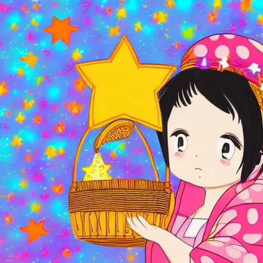 Image similar to A cute girl holding a basket full of stars, Japanese cartoon style