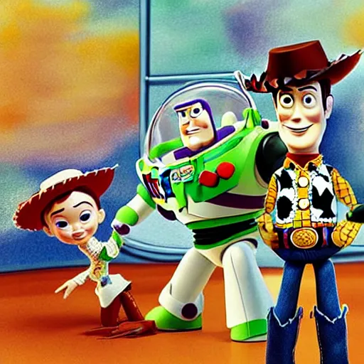 Image similar to a very high detailed painting of toy story in cyberspace