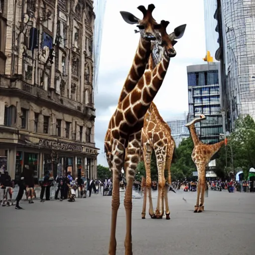 Prompt: a giraffe dancing ballet in the center of city
