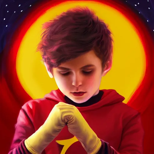 Image similar to colorful and festive captivating young child boy, brown fluffy hair, wearing red and yellow hero suit, shooting a crescent moon out of his fist. full body, rich vivid colors, ambient lighting, dynamic lighting, 4 k, atmospheric lighting, painted, intricate, highly detailed by charlie bowater