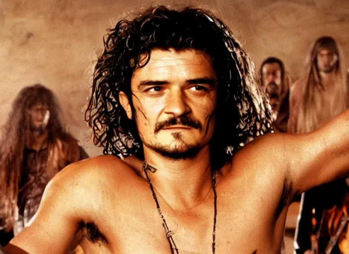 Image similar to promotional image of orlando bloom in a heavy metal band in a movie from 1978, rugged black clothes, detailed face, movie still frame, promotional image, imax 70 mm footage