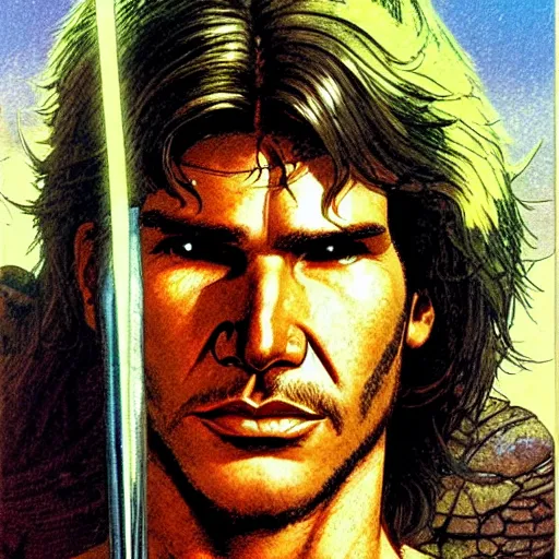 Image similar to a realistic, very beautiful and atmospheric portrait of young harrison ford as he - man character warrior wizard, prince of the universe, looking at the camera with an intelligent gaze by rebecca guay, michael kaluta, charles vess and jean moebius giraud