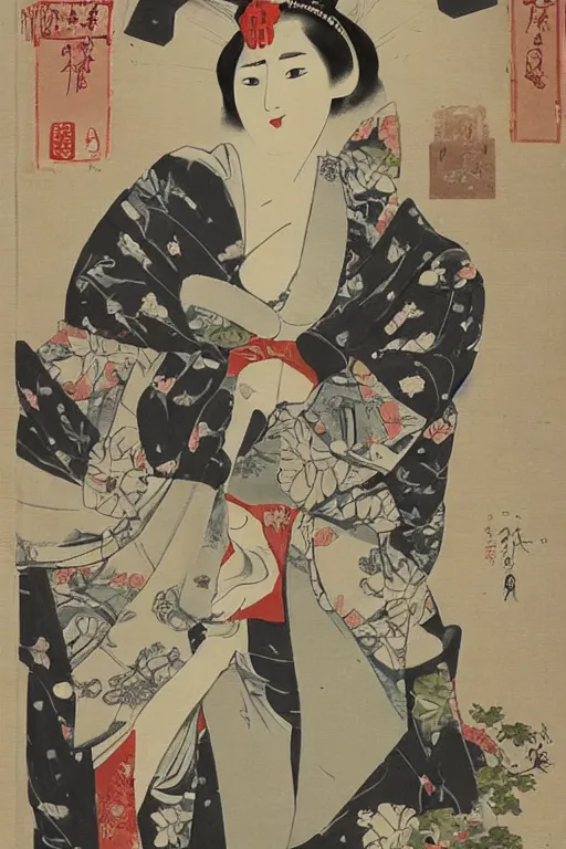 Image similar to geisha with traditional kimonogeisha with traditional kimono, art of the edo period, traditional japanese illustration