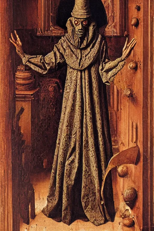 Image similar to portrait of nyarlathotep, oil painting by jan van eyck, northern renaissance art, oil on canvas, wet - on - wet technique, realistic, expressive emotions, intricate textures, illusionistic detail