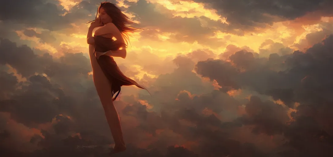 Image similar to beautiful woman angel flying peacefully, dramatic clouds, sunset, hazy, gentle, soft lighting, wojtek fus, by Makoto Shinkai and Ilya Kuvshinov,