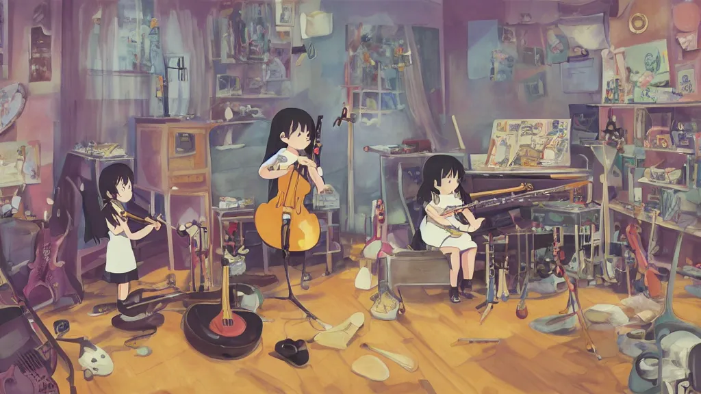 Prompt: studio ghibli, one little girl playing saxophone in the middle of an untidy room full of music instruments everywhere on the floor and on the wall, real guitars hanging on the wall, real bass drums, real saxophones, real sousaphones, standing microphones, real bongos, real congas, real pianos, digital art, artstation