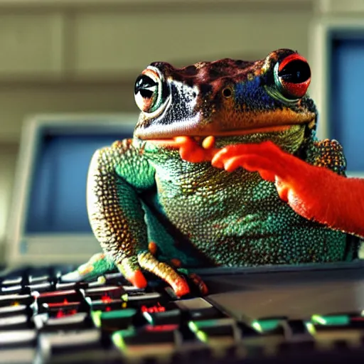 Image similar to a multicolored toad looking at a 1980s computer