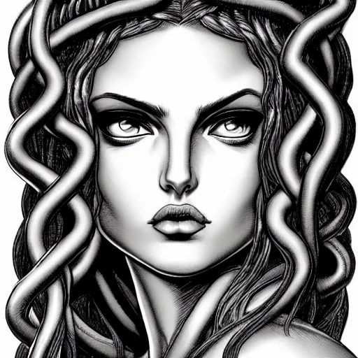 Prompt: beautiful head of medusa from greek mythology in berserk manga, angelina jolie seductive expression, big snakes heads with open mouth, snakes in place of hair, manga drawing, hyperdetailed, 8 k realistic, by kentaro miura