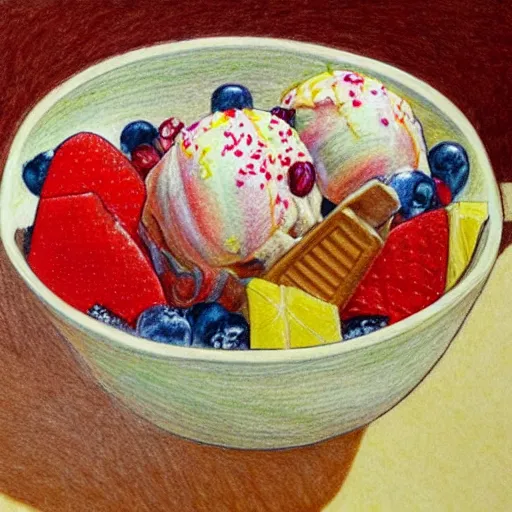 Prompt: Colored pencil art on paper, Ice Cream Fudge Sundae in a bowl with fruit toppings, highly detailed, artstation, MasterPiece, Award-Winning, Caran d'Ache Luminance