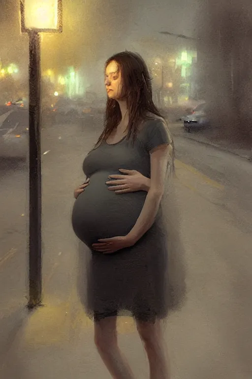 Prompt: pregnant woman under street light, highly detailed, sharp focused, ultra realistic digital concept art by Ruan Jia, Alyssa Monks, Stanley Artgerm