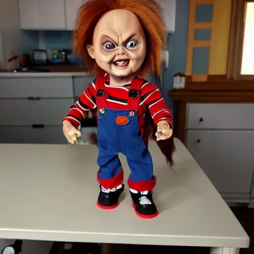 Image similar to chucky the killer doll on standing on a work bench table