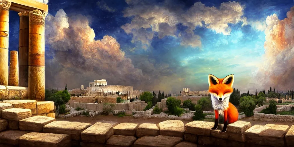 Prompt: a adorable small fox in the huge ruins of the second temple in jerusalem in the distance. the third temple hovers quietly hiding in the dreamy clouds above. a hooded bearded old man in a tunic laughing, colorful 8 k, art station, intricate superb details, digital art, cinematic, bokeh dof sky, a painting by afremov.