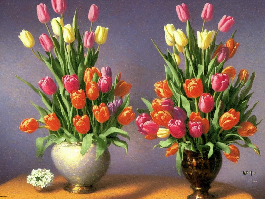 Prompt: a vase with tulips, style thomas kinkade
