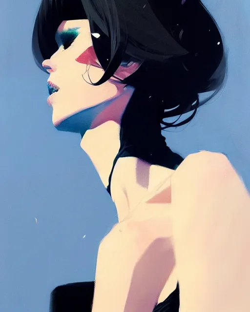 Image similar to a ultradetailed beautiful portrait panting of a stylish woman in a black dress sitting, by conrad roset, greg rutkowski and makoto shinkai trending on artstation