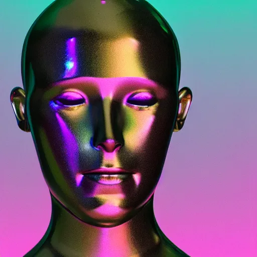 Image similar to 3d render of holographic human robotic head made of glossy iridescent, surrealistic 3d illustration of a human face non-binary, non binary model, 3d model human, cryengine, made of holographic texture, holographic material, holographic rainbow, concept of cyborg and artificial intelligence