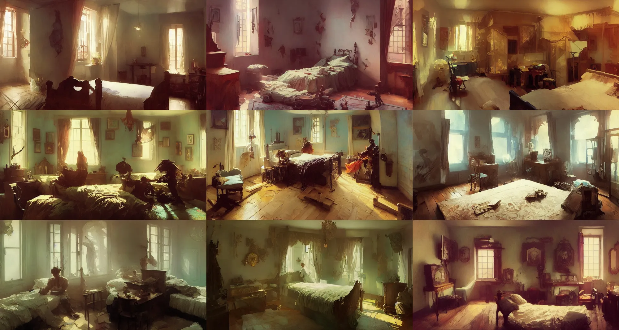 Prompt: small bedroom, minimalistic, art by joseph leyendecker, ivan aivazovsky, ruan jia, reza afshar, marc simonetti, alphonse mucha