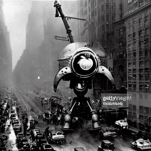 Prompt: old black and white photo, 1 9 1 3, depicting a dieselpunk giant robot monster rampaging through the bustling streets of new york city, historical record