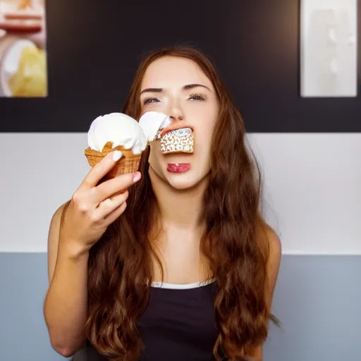 Prompt: a woman with ice cream for hair