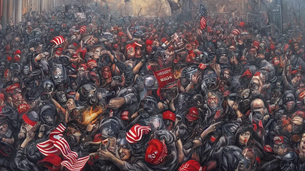 Prompt: a surreal painting by “ chris mars ” of a closeup view of the january 6 capitol riot led by “ donald trump ”. rioters are furious and are wearing red maga hats. highly - detailed contemporary artwork.