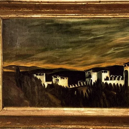 Prompt: A Spanish landscape at night by El Greco.