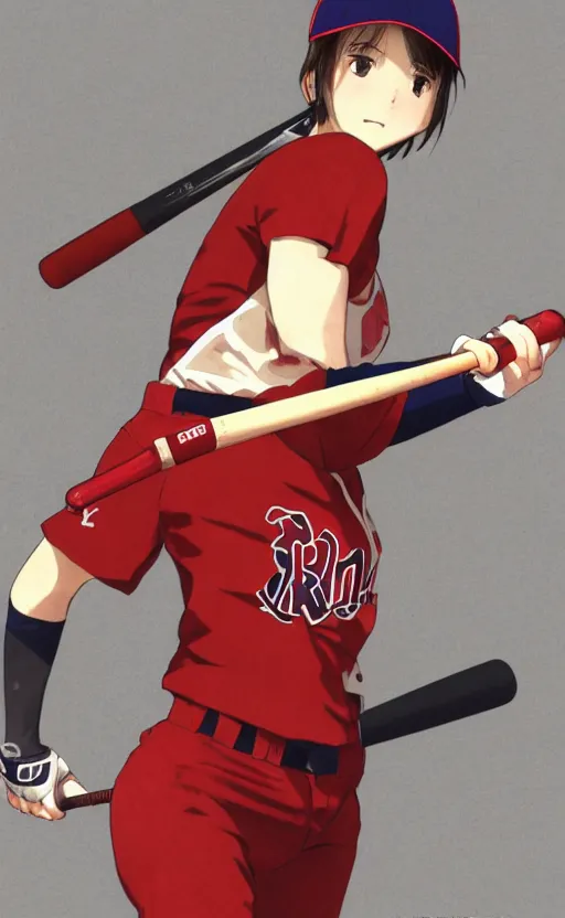 Image similar to anime style, female baseball player using bat, red sport clothing, strike pose, launching a straight ball, brown short hair, hair down, symmetrical facial features, from arknights, hyper realistic, rule of thirds, extreme detail, 4 k drawing, safebooru, realistic lighting, by alphonse mucha, greg rutkowski, sharp focus, backlit