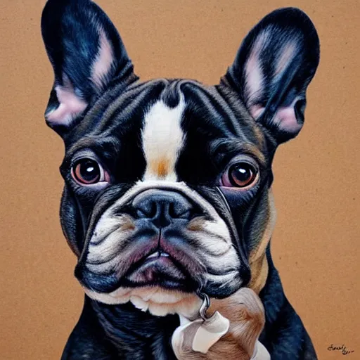 Prompt: portrait painting of hoodied french bulldog by Sandra Chevrier, beautiful, hyperdetailed, trending on Artstation