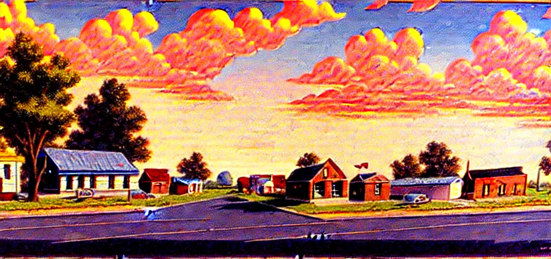 Image similar to concept art of a small rural town in middle America in the 1960s, detailed, Americana, golden hour