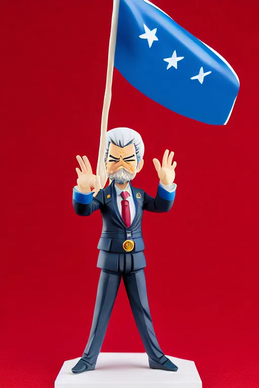 Prompt: still high quality figurine of tall president lula waving a flag, tsurime eyes, tareme eyes, personification, dynamic pose, detailed product photo, featured on amiami, tone mapped, beautiful composition, 8 5 mm, f. 1 4