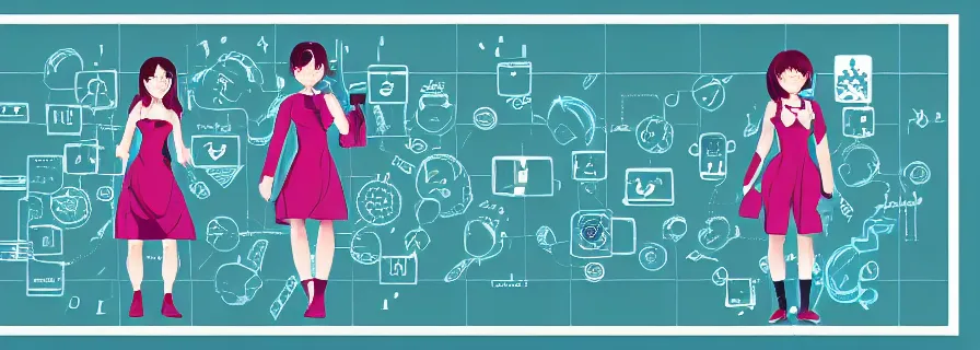 Image similar to pattern of anthropomorphic social anime female accompanying artificial intelligence blueprint